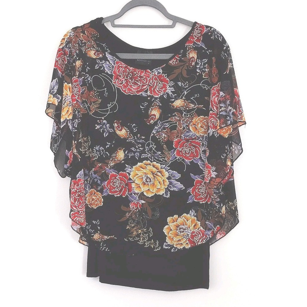 Lavender‎ Sky Black Floral Bird Tunic Tank Top Women's Size Medium Pre-owned